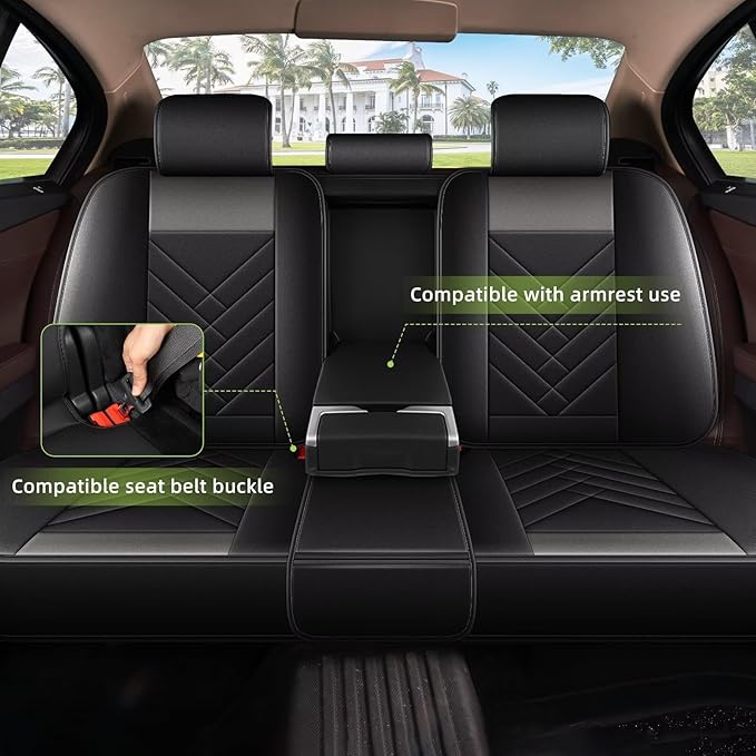 AOMSAZTO Car Seat Covers Full Set Fit for Ford Taurus 2002-2019 Faux Leather Waterproof Seat Covers Automotive Seat Cushion Protector(5 Seats, Black&Grey)