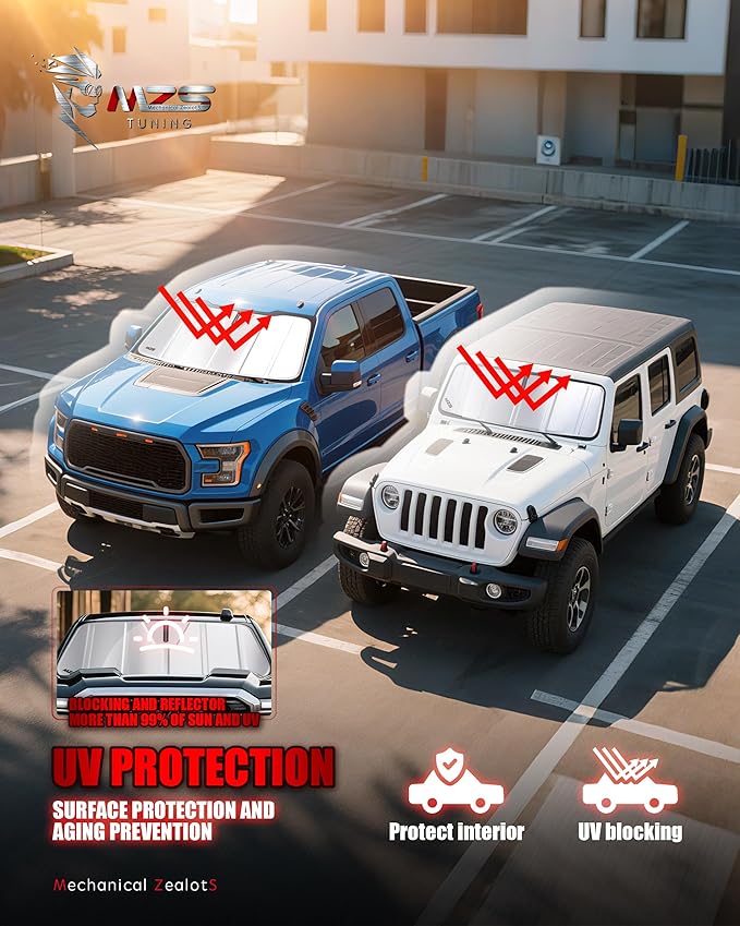 MZS Windshield Sun Shade Compatible with Tacoma 2005-2015, Foldable Truck Sun Shade Shield with Storage Pouch, Front Window Visor Sunshade for Interior Protector