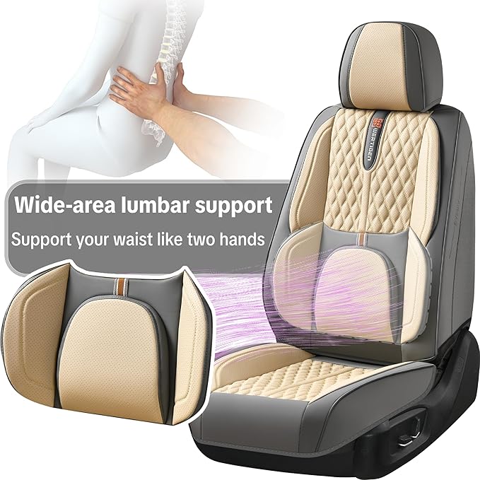 Car Seat Cover Set, Khaki Seat Covers, Automotive Interior Accessories, with Lumbar Support, Premium Nappa Leather, Protect and Upgrade Your Car Interior, Fits Suvs, Pickups, Sedans