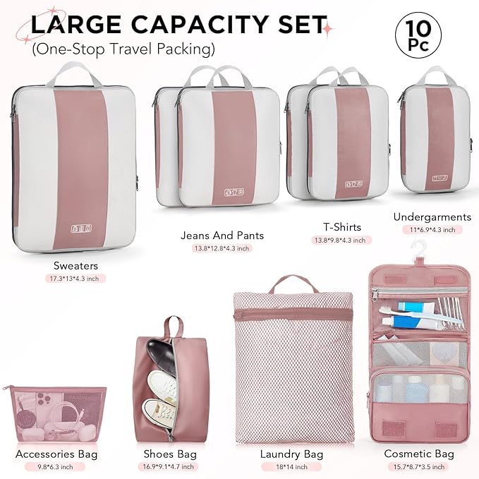10 Set Compression Packing Cubes for Travel Essentials,Compressible Expandable Packing Cubes for Suitcase,OlarHike Luggage Organizer Bags for Travel,Handy Helper for Organizing Clothes(Light Coral)