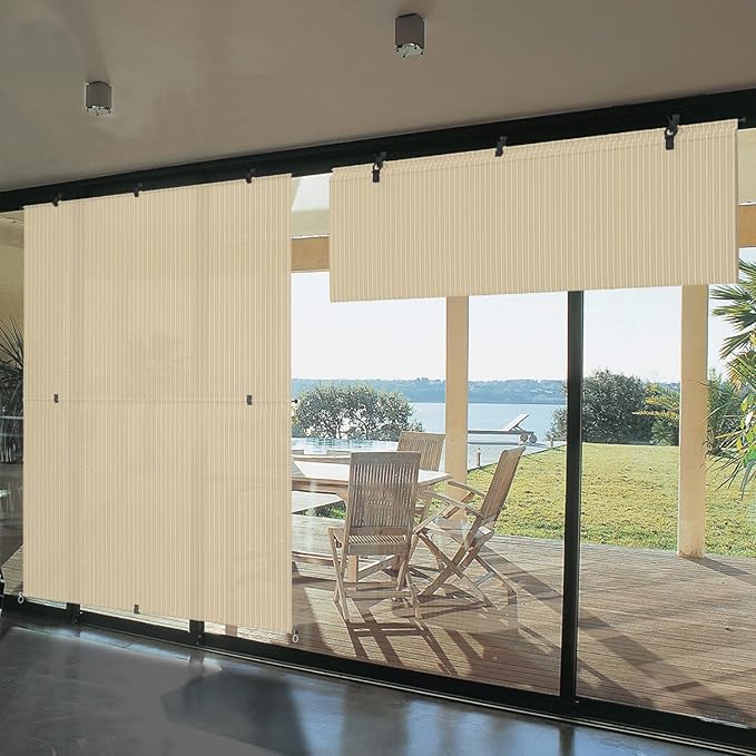 Bynbbur 8'W x 6'H Outdoor Patio Shades Foldable Roller Blinds, 220 GSM Sun Shade Roll Up Porch Screens Exterior Shade Cloth for Deck Pergola Backyard, Beige