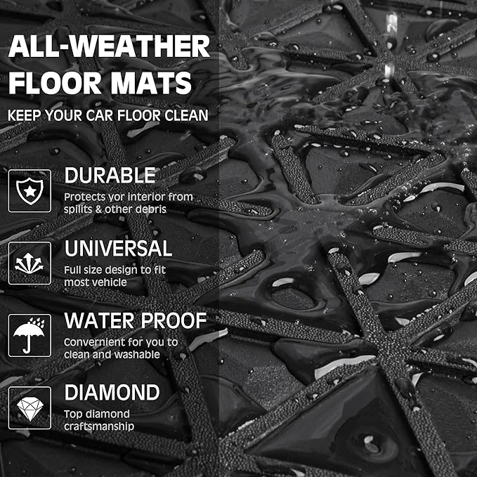 CAR PASS Bling Rubber Car Mats Diamond Floor Mats Full Set Anti-Slip 3D Rhombus Waterproof Universal Trim to Fit Liner Glitter Crystal Sparkly Shining Rhinestone Girl Women SUV Sedan Van, Black Pink