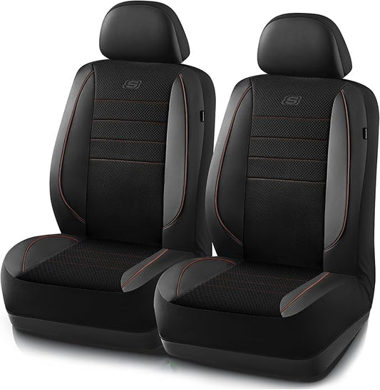 Skechers Air-Cooled Memory Foam Seat Covers,Mesh Thick Car Seat Covers,Piping Leather Car Seat Covers Front Seats,Airbag Compatible,Automotive Comfort Universal FitMost Cars,Vans,Truck,SUV,Brown