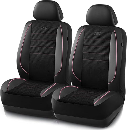 Skechers Air-Cooled Memory Foam Seat Covers,Mesh Thick Car Seat Covers,Piping Leather Car Seat Covers Front Seats,Airbag Compatible,Automotive Comfort Universal FitMost Cars,Vans,Truck,SUV,Pink