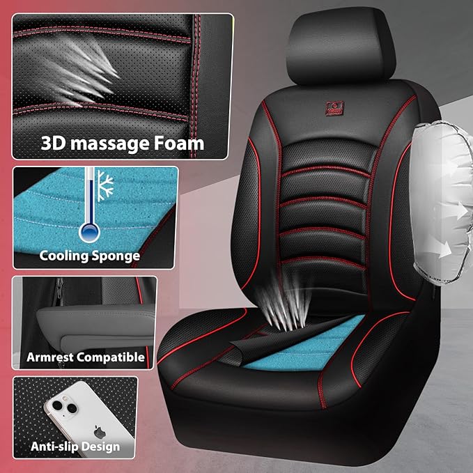 CAR PASS 3D Foam PU Leather Car Seat Covers, Universal Seat Covers Full Sets for Trucks SUV Sedan Automotive Seat Covers Armrest Airbag Compatible Waterproof Comfortable Faux Nappa Leather Black Red