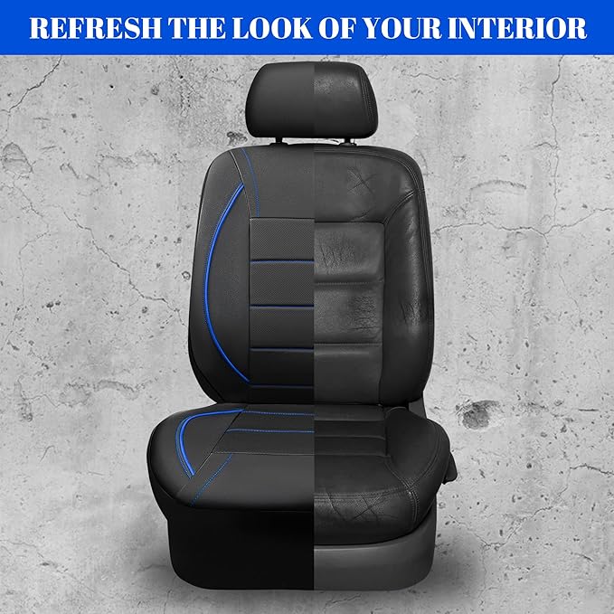 CAR PASS Universal FIT Piping Leather Two Front Seat Covers, Waterproof Faux Leather for SUV Sedan Van Truck, Airbag Compatible,Reserved Opening Holes for Headrest Covers. (Black and Blue)