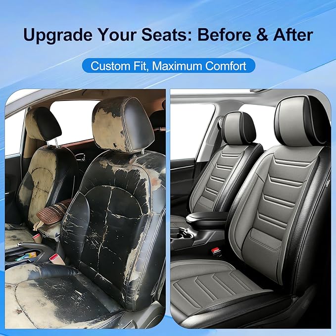 Fit RAV4 Car Seat Covers for Select Toyota RAV 4 2013-2026 /RAV4 Hybrid - Premium Full Coverage Leather, Waterproof & All Weather Seat Cushion Protector, Full Set, Black+Gray