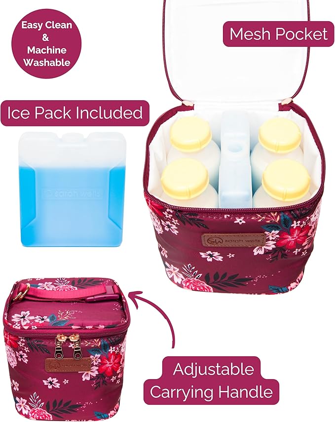 Cold Gold Breastmilk Cooler Bag with Safety Tested Ice Pack – Insulated Milk Storage for Work, Travel & Daycare – Fits Bottles & Parts – Durable, Washable, Safety-Tested Cooler for Moms (Berry Bloom)