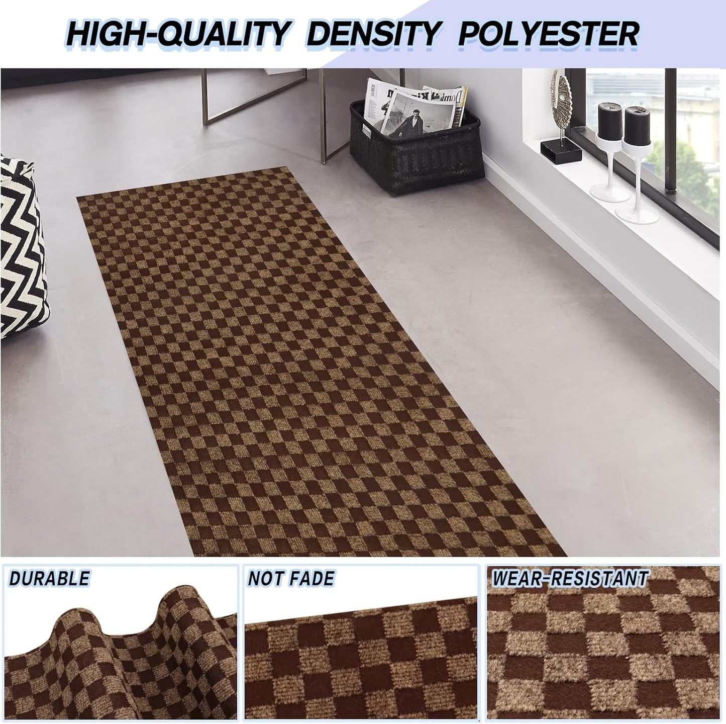 Custom Size Backed Non-Slip Area Rugs Runner, Easy Clean, Waterproof Runner Rugs for Hallway Entryway, Kitchen, Laundry, 2FT x 56FT, Brown Checkered