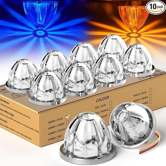 10-Pack Dual Color Watermelon Lights LED Strobe & Steady Mode, Roof Clearance Side Marker Warning Lights Amber Blue Suitable for Truck Trailer Kenworth Peterbilt Freightliner