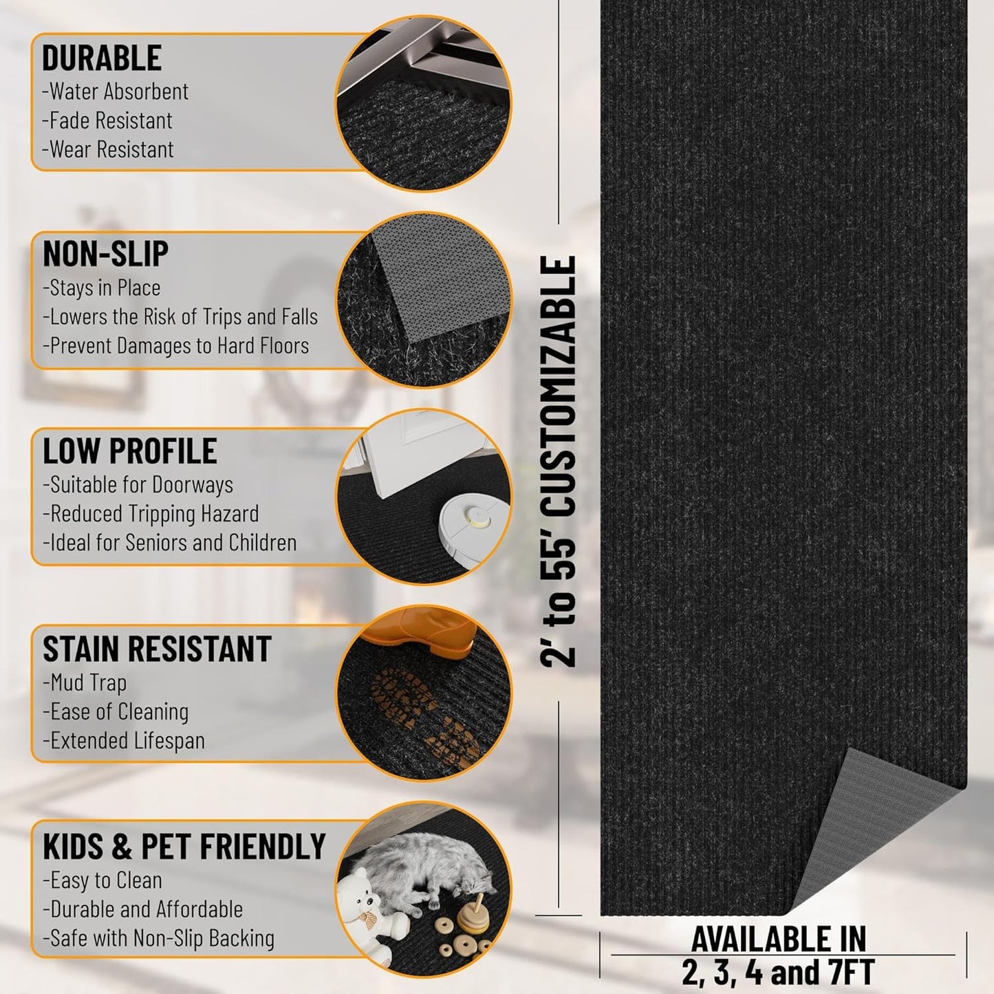 Ottomanson 6'6" x 24' Hallway Runner with Scraper Pile - Extra Durable Non-Slip Rug Mat for Indoor & Outdoor Use - Ideal for Kitchen, Entryway & Garage - High-Traffic Carpet, Black