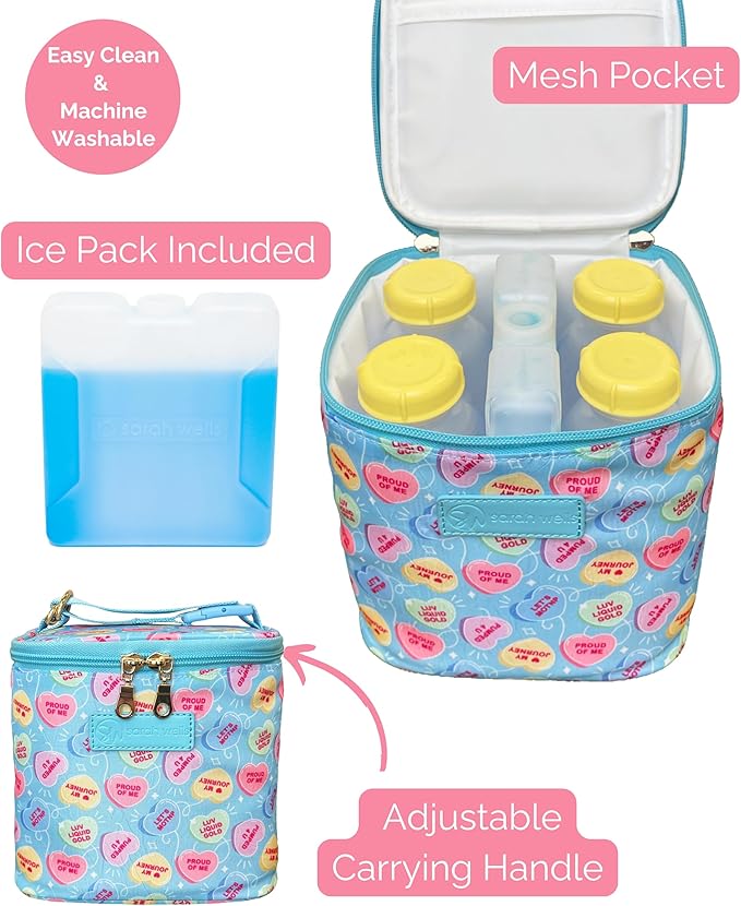 Sarah Wells Cold Gold Breastmilk Cooler Bag with Safety Tested Ice Pack – Insulated Milk Storage for Work, Travel & Daycare - Fits Bottles & Parts - Machine Washable (Candy Conversation Hearts)