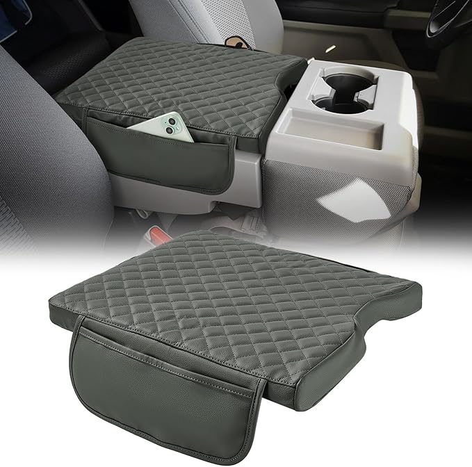JOYTUTUS Center Console Cover Compatible with 2015-2026 Ford F150, 2017-2026 F250 F350 F450 with 40/20/40 Jump Seat, Leather Armrest Cover Center Console Cushion w/Side Pockets, Gray (Jump Seat Only)