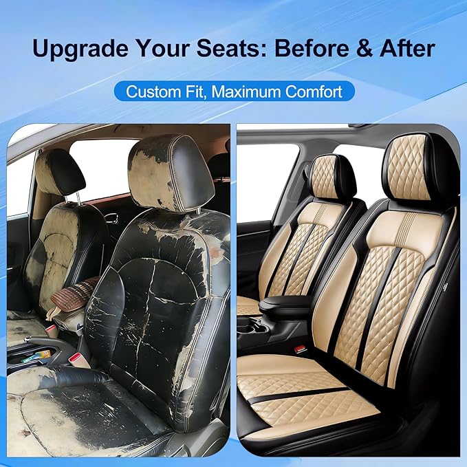 Fit CRV Car Seat Covers for Select Honda CR-V 2011-2026 - Premium Full Coverage Leather, Airbag Compatible, Waterproof & All Weather Seat Protector, Airbag Compatible, Front Pair Black+Beige