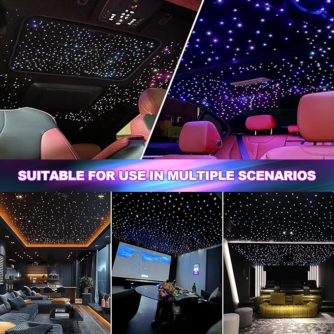 36W 4-Color RGBW Car Starlight Headliner Kit, 1000pcs0.03in9.8ft, Twinkle & Sound Activate 4-Port Fiber Optic Light Engine with Bluetooth APP&Remote Control, Star Lights for Car and Home