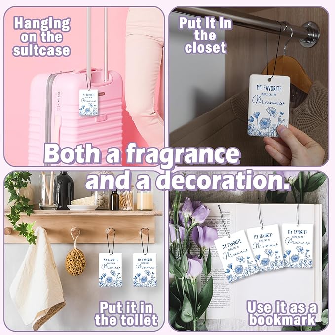 Meemaw Grandma Gifts Car Air Freshener Accessories 3pcs,My Favorite People Call Me Gifts for Grandma Christmas,Rustic Blue Flower Hanging Scent Fragrance Card for Women Closet Home Decor