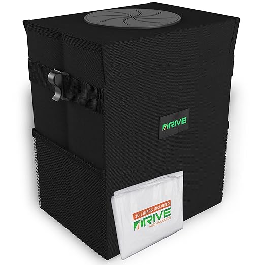 Drive - Car Trash Can - Collapsible, Leakproof Garbage Bin with 20 Trash Bags and Adjustable Strap - Car & Truck Accessories for Men and Women - Black, Large