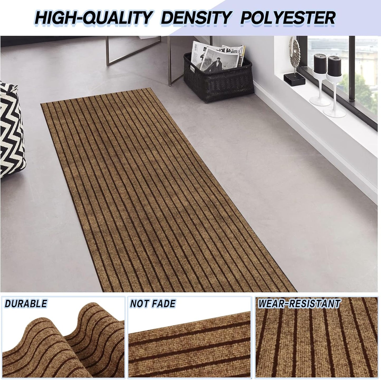 Custom Size Backed Non-Slip Area Rugs Runner, Easy Clean, Waterproof Runner Rugs for Hallway Entryway, Kitchen, Laundry, 4FT x 40FT, Brown Stripe