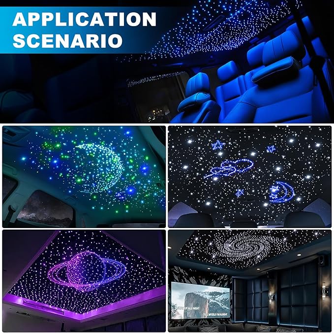 4 Colors 32W Twinkle Car Starlight Headliner Kit 700pcs*0.03in*13.1ft with APP&RF Remote,RGBW Fiber Optic Strands Star Roof Lights,4 Port Engine Sound Activated Ceiling Star Lights for Home/Car Decor