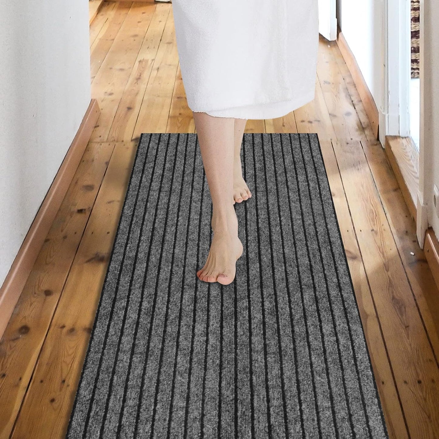 Custom Size Backed Non-Slip Area Rugs Runner, Easy Clean, Waterproof Runner Rugs for Hallway Entryway, Kitchen, Laundry, 3FT x 31FT, Gray Stripe