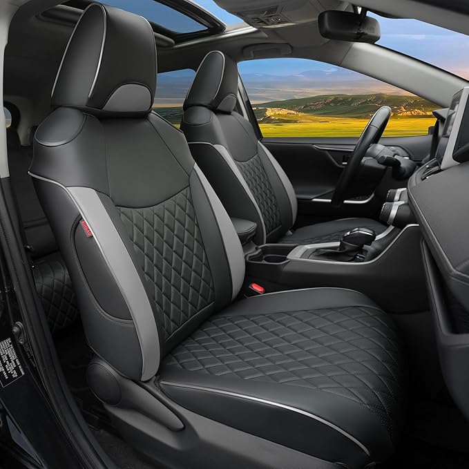 Lolcar Rav4 Seat Covers Custom Fit for Toyota Rav4 (for Hybrid) 2019-2025 LE,XLE,XLE Premium,Limited,Woodland Edition, Leather Truck Seat Cover Full Set for SUV,Faux Leather (Black Gray Grid)