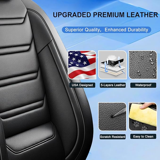Car Seat Covers (Front Pair) for Select Honda Fit 2007-2020, Premium Full Coverage Leather, Airbag Compatible& Scratch-Resistant, Waterproof & All Weather Breathable Seat Protector, Black