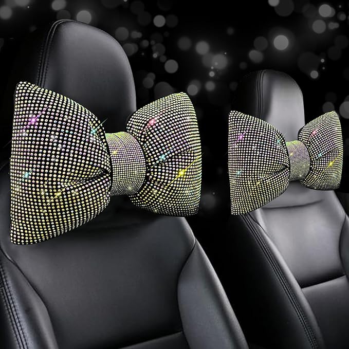 ChuLian 2 PCS Bling Car Pillow, Rhinestones Bowknot Neck Pillow, Car Headrest Neck Cushion Pillows, Sleeping Travel Support Neck Pillow, Colorful Diamond Interior Bling Accessories for Women