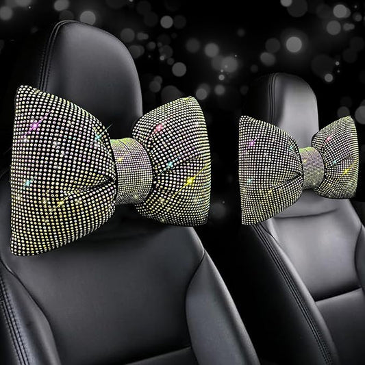 ChuLian 2 PCS Bling Car Pillow, Rhinestones Bowknot Neck Pillow, Car Headrest Neck Cushion Pillows, Sleeping Travel Support Neck Pillow, Colorful Diamond Interior Bling Accessories for Women
