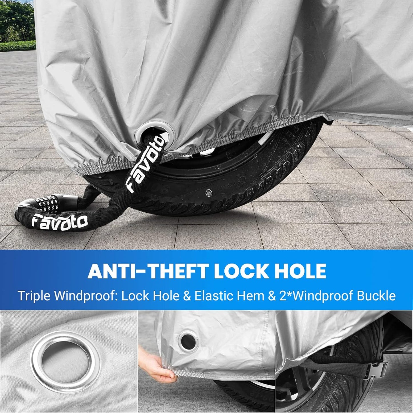 Favoto Motorcycle Cover Waterproof Outdoor - All Season Sun Protection Oxford with Lock-Holes Rain Snow Windproof Dustproof Universal Fit Motorbikes Vehicle Moped Cover, 104" x 41" x 50"