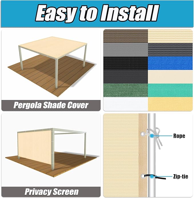 Amagenix 90% Pergola Shade Cover 10' X 20' Sun Shade Cloth with Grommets for Outdoor Garden Patio Porch, Commercial Grade 200 GSM - Cable Zip Ties Included (We Customized) GN108, Wheat