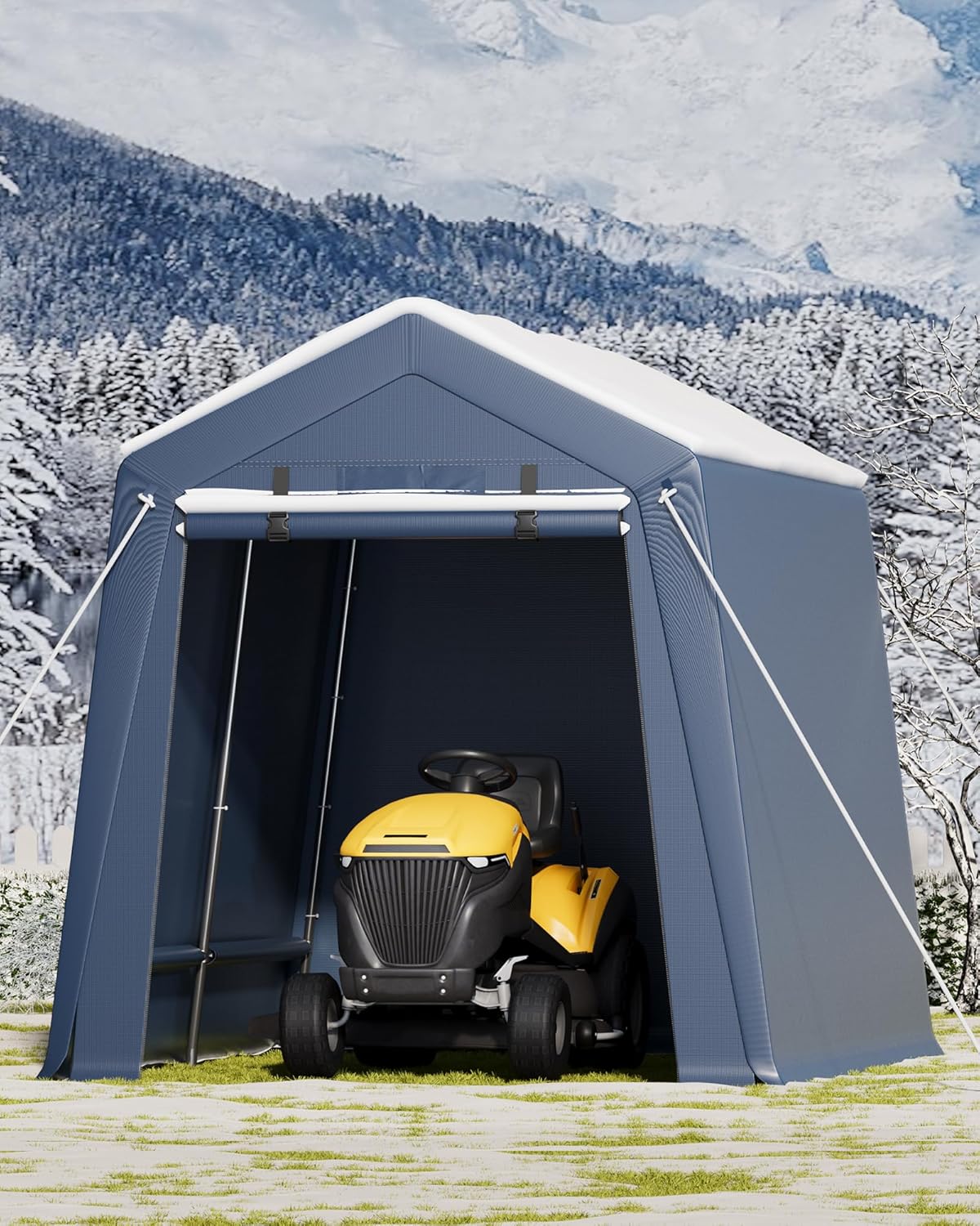 7*12F Outdoor Storage Shed with Floor, Heavy Duty Waterproof PE Tarp, Portable Metal Carport Garage Tent, 2 Roll-Up Doors & Vents, for Motorcycle and Bike Storage, Garden Tool Shed, Small Outdoor Shed