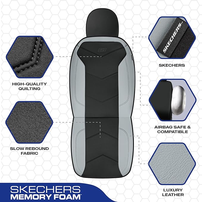Skechers Memory Foam Seat Covers,Leather Car Seat Covers, Ultimate Comfort & Support Front Seat Covers Airbag Compatible, Automotive Universal Fit Most for SUVs, Vans, Sedans, Cars, Trucks,Gray
