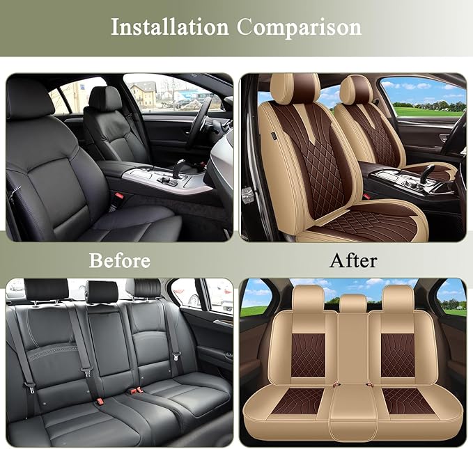 Breathable Car Seat Covers for Toyota Venza 2021 2020 2019 2018 2017 2016 2015 2014 2013 2012 2011 2010 2009, Perforated Leather Full Set 5 Seats, for Toyota Venza Accessories (Beige&Brown)