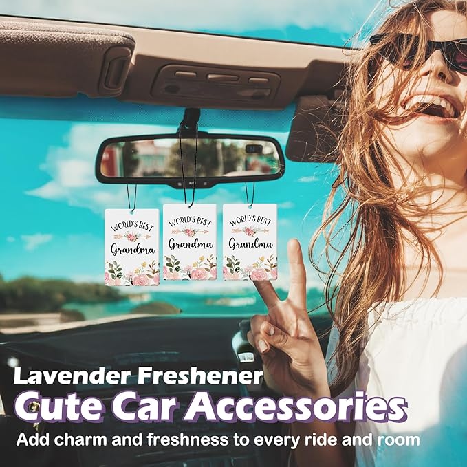 Grandma Gifts Car Air Freshener Accessories 3pcs,World's Best Festive Gifts for Granmda Christmas,Pink Flower Rustic Hanging Scent Lavender Fragrance Card for Women Closet Bathroom Home Decor