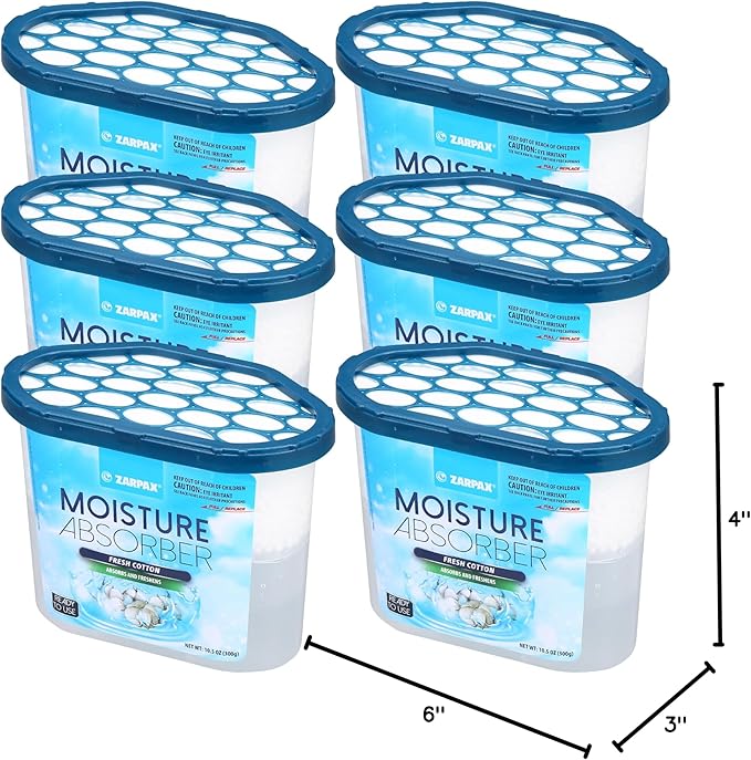 ZARPAX Moisture Absorber Fresh Cotton 10.5 oz/300g | Removes Moisture, Damp & Humidity | Odor Absorber With Fresh Cotton Fragrance | Moisture Trap for Bathroom, Closet, Kitchen | Set of 6