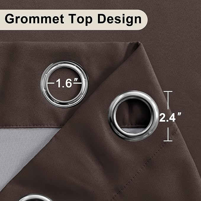 XWZO 100% Blackout Window Curtains - Thermal Insulated & Completely Room Darkening Black Liner Window Treatment with Tiebacks for Bedroom/Living Room, Brown, W42 x L63, Set of 2 Panels