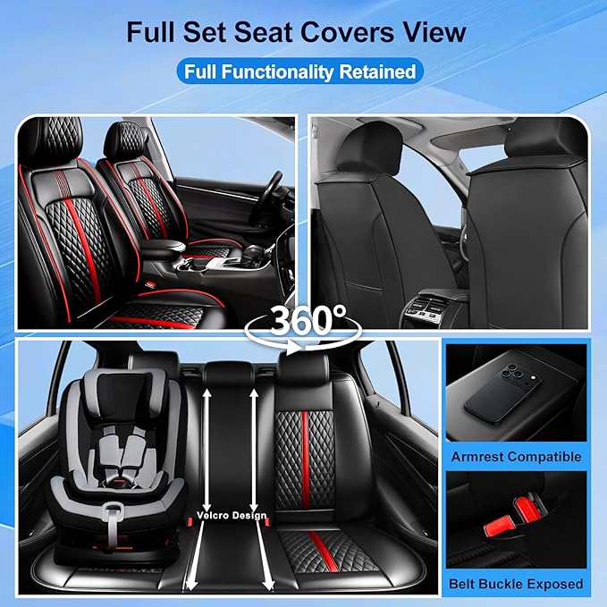 Fit Insight Car Seat Covers (Front Pair) for Select Honda Insight 2010-2022 - Premium Leather, Airbag Compatible & Scratch-Resistant, Waterproof & All Weather Seat Protector, Red Trim