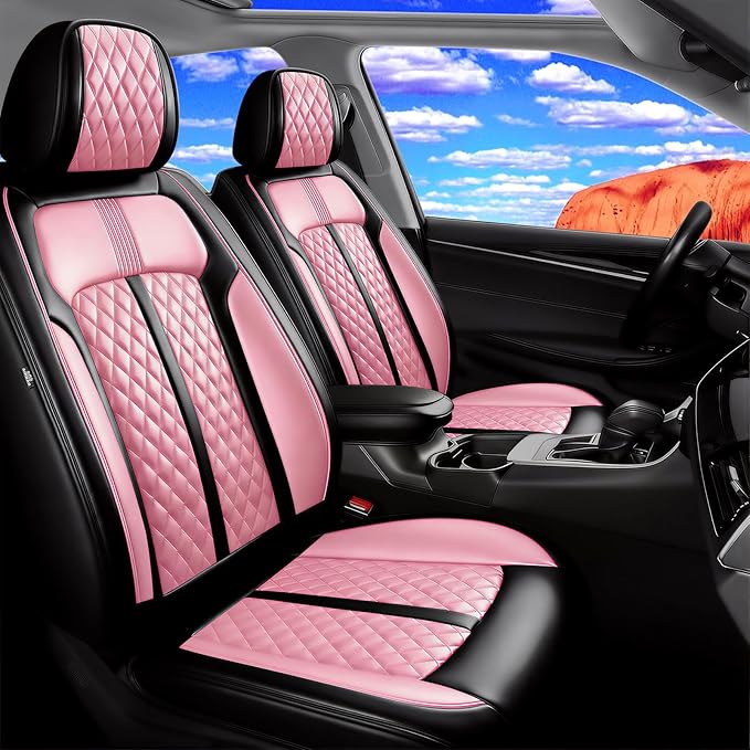 Fit RAV4 Car Seat Covers for Select Toyota RAV 4 2013-2026 /RAV4 Hybrid - Premium Full Coverage Leather, Waterproof & All Weather Seat Cushion Protector, Full Set, Black+Pink