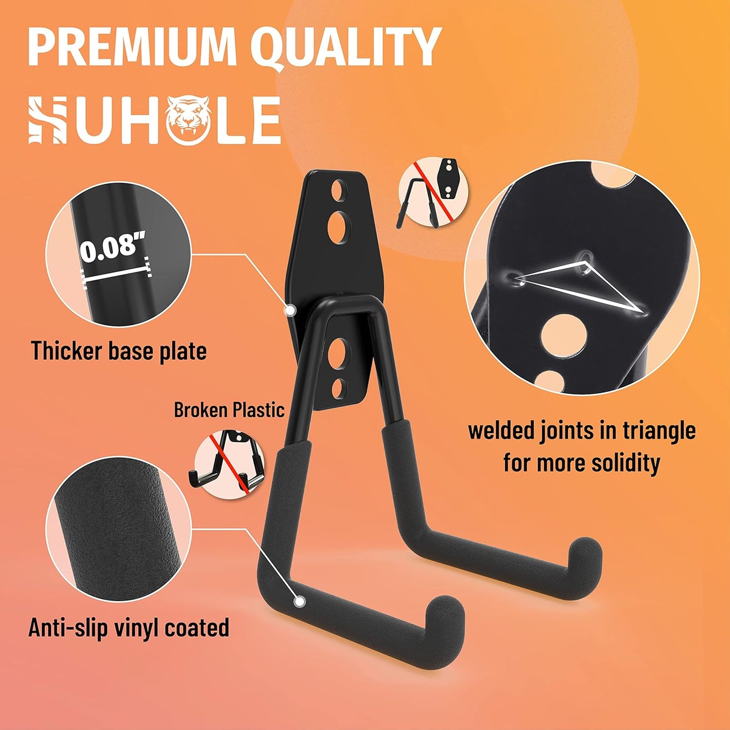 HUHOLE Garage Hooks Heavy Duty 4PC, Garage Wall Hooks, Wall Mount Hanging Hook for Bike, Ladder, Bulky Items