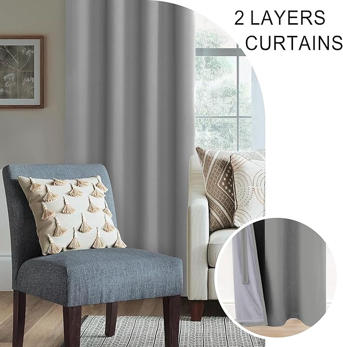 XWZO Full Shading Blackout Curtains 54 Inches Length with Tiebacks- Heat and Light Blocking Ring Top Window Drapes with Black Liner Backing for Bedroom/Kid's Room, Light Grey, W52 x L54, Set of 2