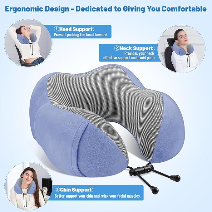 CloudBliss Travel Pillow Premium Memory Foam, Comfortable & Supportive Neck Pillow, Neck Pillows for Sleeping Travel, Airplane Pillow for Sleeping Airplane, Car, Office and Home（Black & Blue）