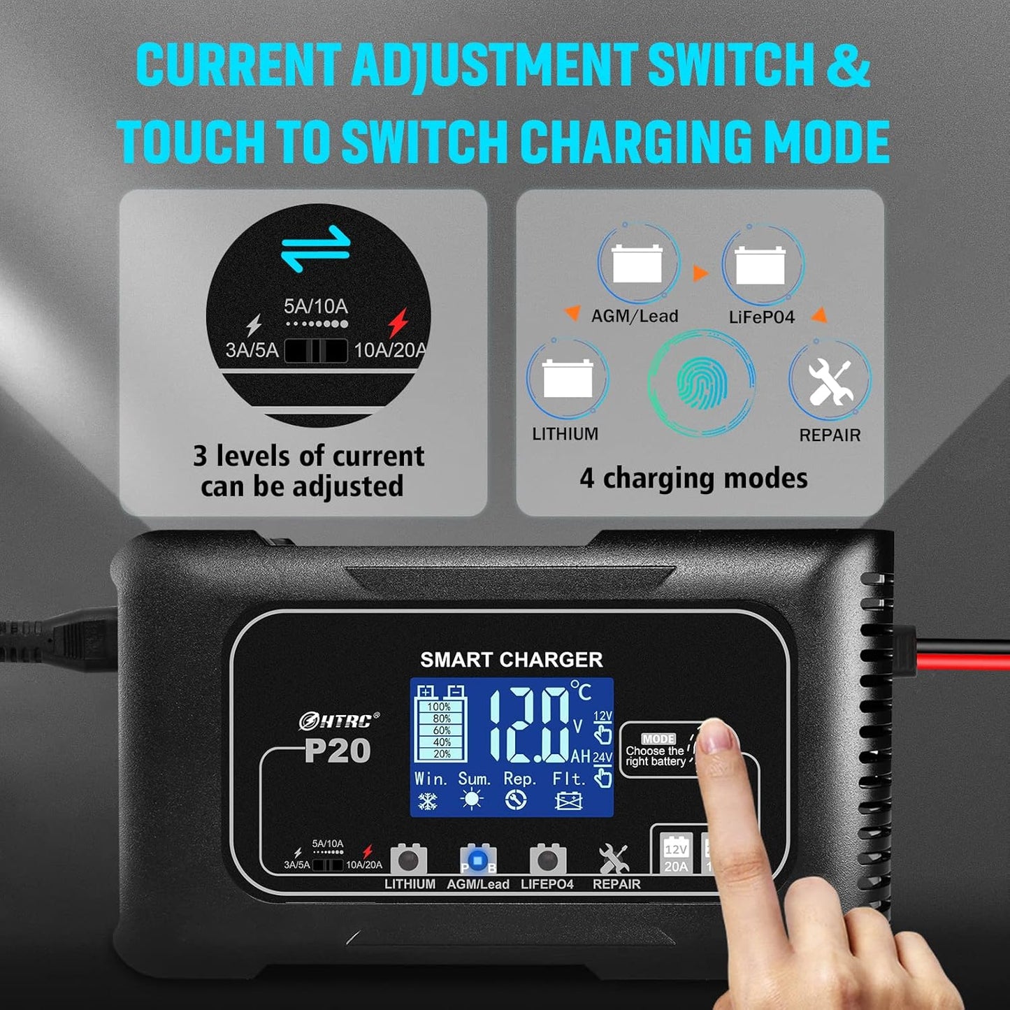 20Amp Lithium Battery Charger, 12V and 24V, Lifepo4, Lead-Acid (AGM/Gel/SLA.) Car Battery Charger, Maintainer Cycle Charger Trickle Charger Battery Desulfator for Boat, Motorcycle, Golf Cart