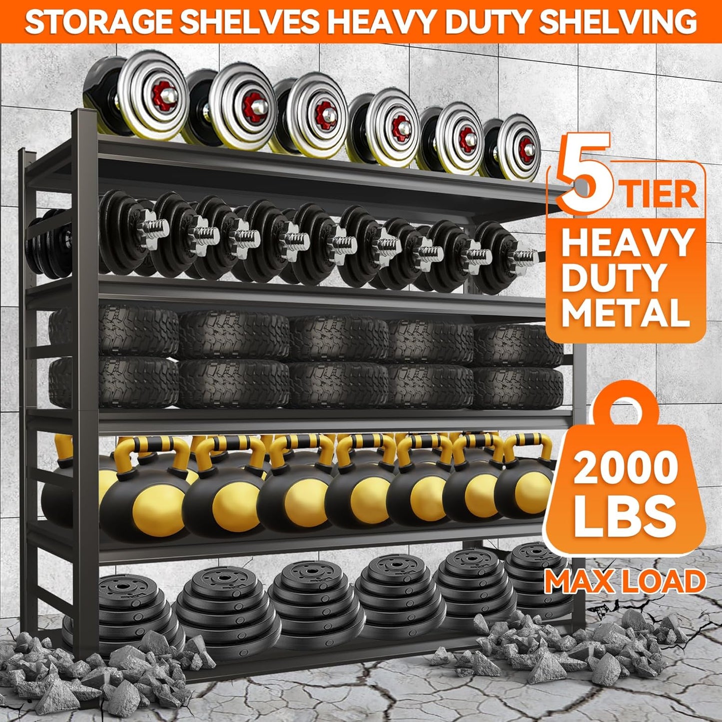 Adjustable Heavy Duty Metal Garage Shelving Unit with Fence, 5-Tier Storage Rack for Garage, Basement, or Warehouse, Durable Steel Shelves for Tools & Equipment, 63" H x 32" W x 16" D, Black