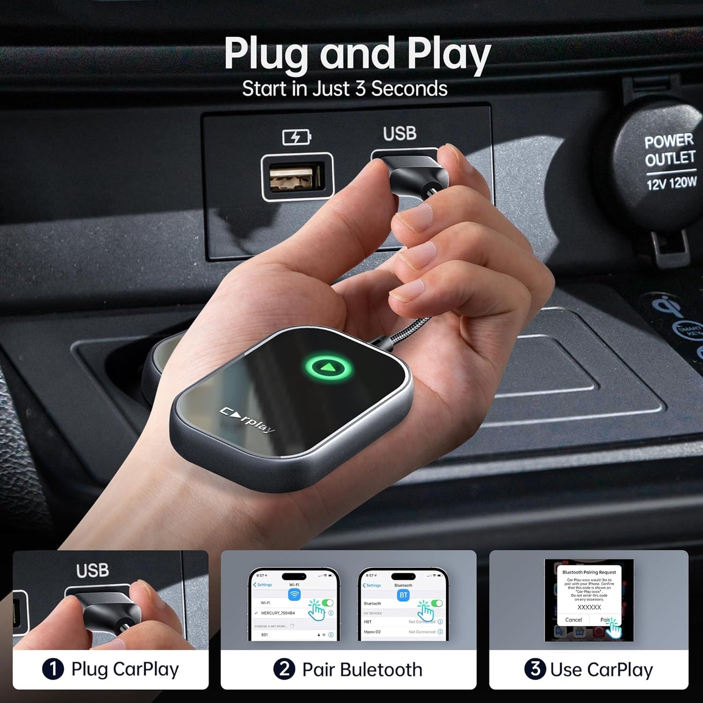 Wireless CarPlay Adapter, Converts Wired to Wireless CarPlay Dongle for Apple iPhone, Plug & Play Auto Connect Zero Latency fits for Cars from 2015 & iOS 10+ Space Gray