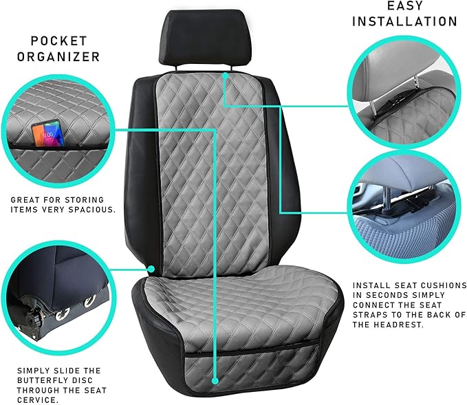 FH Group Car Seat Cushion – Faux Leather Single Front Seat Cover with Front Pockets, Airbag Compatible, Universal Fit Car Seat Cushion for Driver or Passenger Seat, SUV, Truck, Sedan & Van – Blue