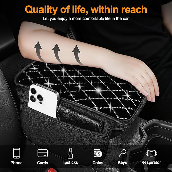 Bling Armrest Cover for Car Compatible with Jeep Gladiator - Center Console Cover with 2 Storage Pockets and Crystal Diamond(Black)