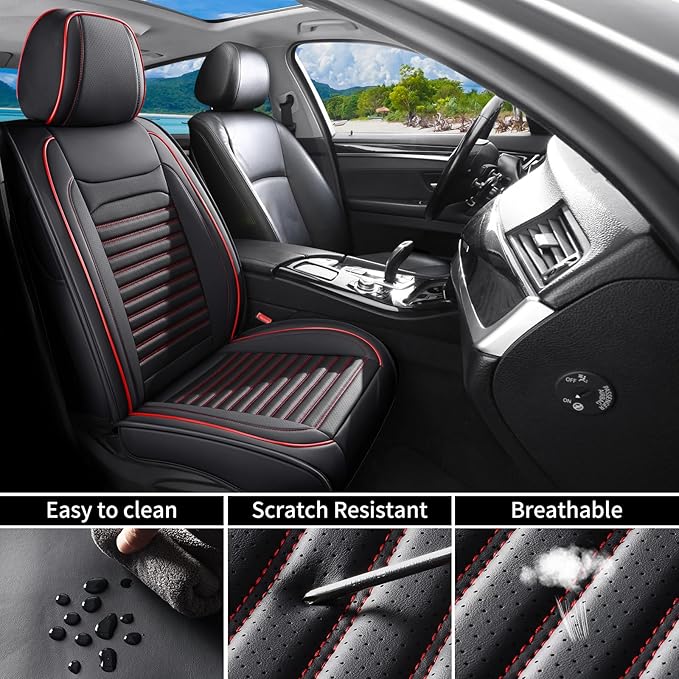Front Seat Covers Fit for Toyota Sienna 2001-2025, Car Seat Covers Front Seats, Breathable Leather Automotive Seat Covers Front Pair Anti-Slip Seat Cover(Black&Red, Front)