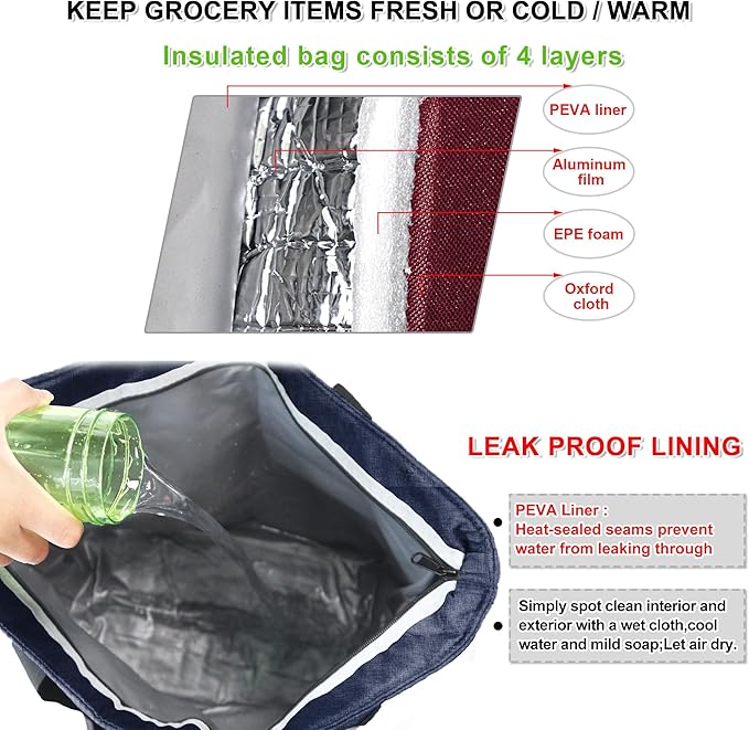 BeeGreen Insulated Cooler Bag with Handles Oversized Sturdy Leakproof Freezer Shopping Tote for Groceries Heavy Duty Thermal Food Delivery Bag Royal Blue