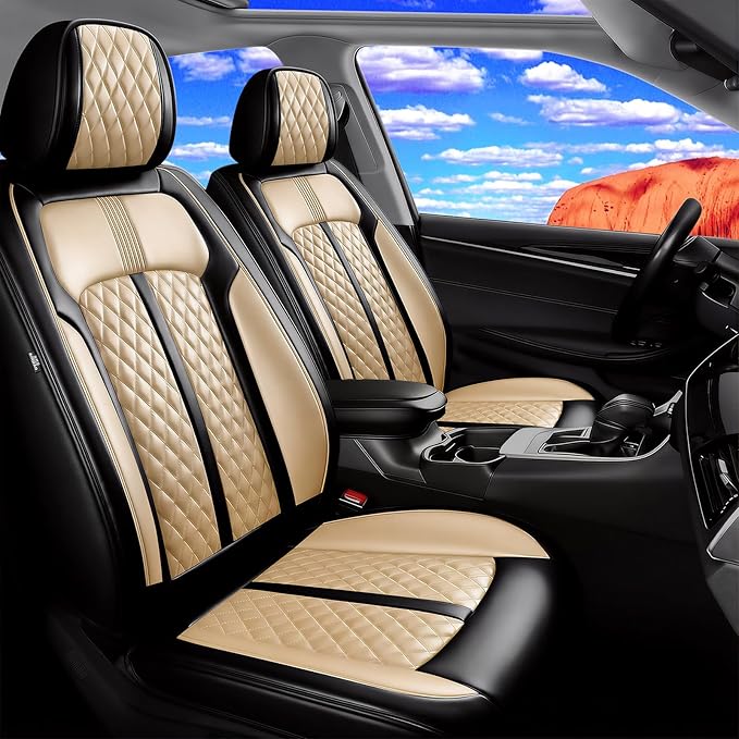 Fit RAV4 Car Seat Covers for Select Toyota RAV 4 2013-2026 /RAV4 Hybrid - Premium Full Coverage Leather, Waterproof & All Weather Seat Cushion Protector, Full Set, Black+Beige