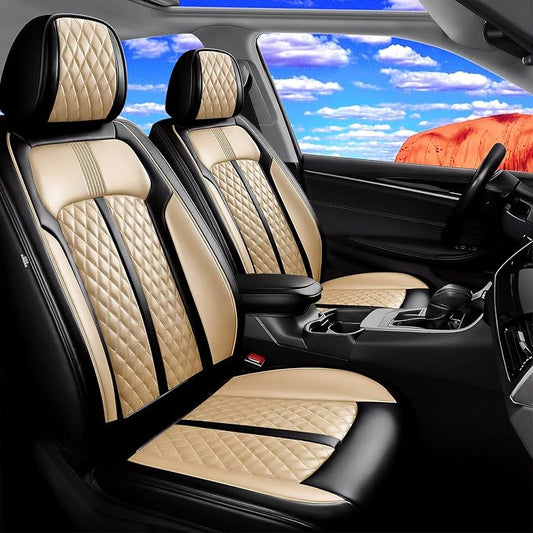 Fit RAV4 Car Seat Covers for Select Toyota RAV 4 2013-2026/RAV4 Hybrid - Premium Full Coverage Leather, Airbag Compatible, Waterproof & All Weather Seat Protector, Front Pair Black+Beige